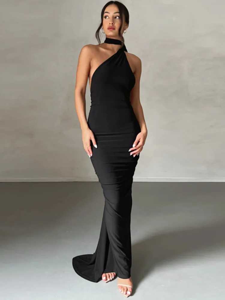 Mozision Oblique Shoulder Backless Maxi Dress For Women Gown Summer Back Strap Sleeveless Ruched Party Sexy Long Dress DressesXJ250514