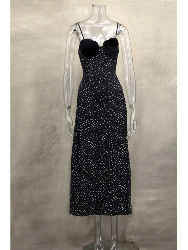 Sexy Polka Dot Long Dresses Womens Summer Fashion Sleeveless Contrast Dress Petalling Deep V-Neck Waist New Female Evening GownXJ250514