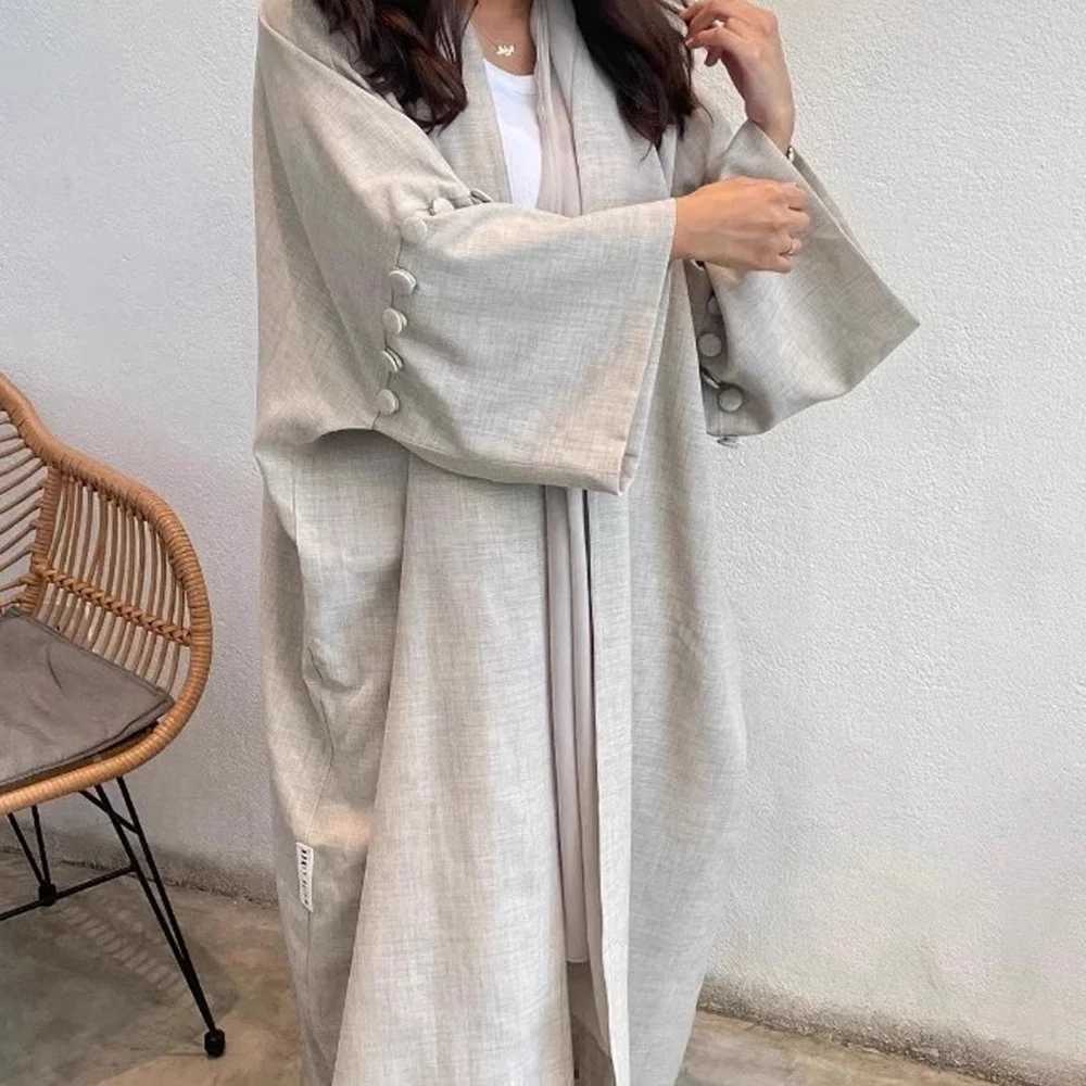 New Solid Color Dubai Cotton Linen Kimono Cardigan Muslim Dress Women Button Closed Slve Open Abaya Islam Clothing Ka Robe X250514