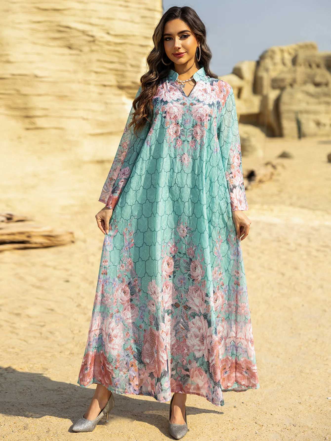 Eid Print Dress for Women Abaya Beading Party Long Dresses Muslim Caftan Robe Jalabiya Ramadan Morocco Dubai 2025 Vestido Largos X2505141