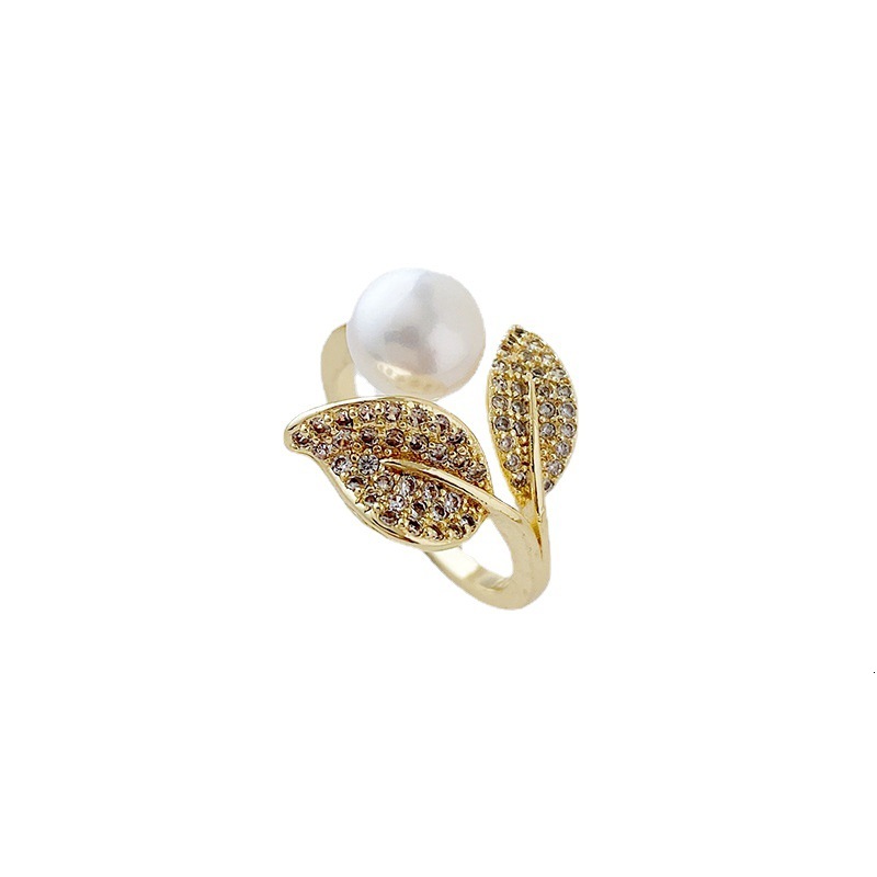 Fashionable Korean style Leaf for Women Collection Simple Pearl Ring Exquisite Jewelry