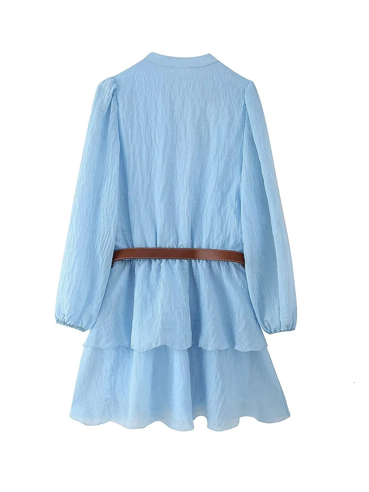 TFMLN Women Ruffles Layer Dress With Belt Elegant Lantern Sleeve Solid V Neck Summer Mini Short Female Fashion 250514