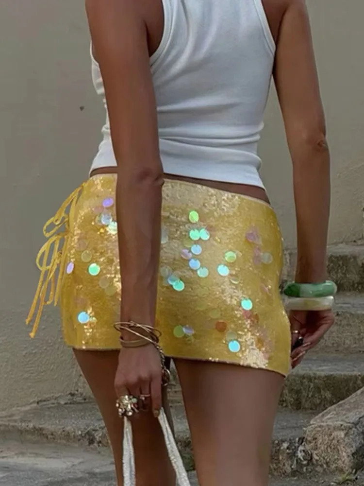Y2K Sequins Side Split Mini Skirt For Women Sexy Glitter Bandage Hip Package Short Skirts Female Chic Street Evening Partywear 250514