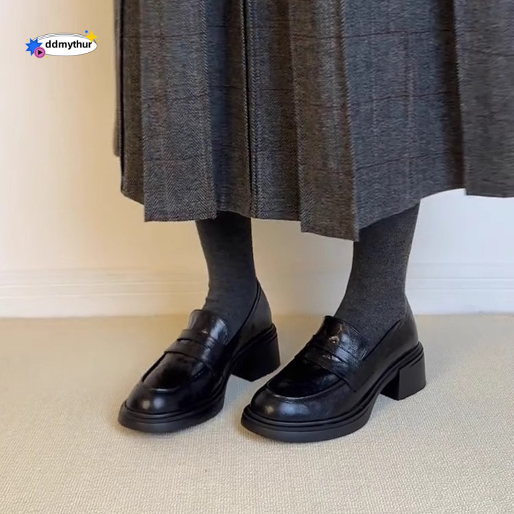 Sheepskin Edition~New Thick soled and Coarse Heel Le Fu for Women, Round Head Single Shoes, Genuine Leather Commuter Shoes ddmythur