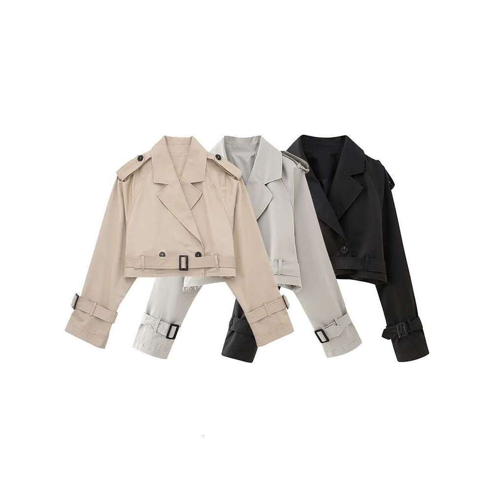 Willshela Women Fashion With Belt Cropped Trench Jacket Vintage Notched Neck Long Sleeve Female Chic Lady Coat Outfits