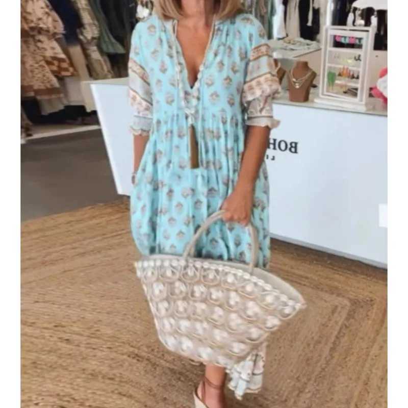 Womens Boho Printed Chic V-neck Long Dresses 2025 Summer Spring Pocket Party Dress Fall Half Lantern Sleeve Ruffles DressesXJ250514