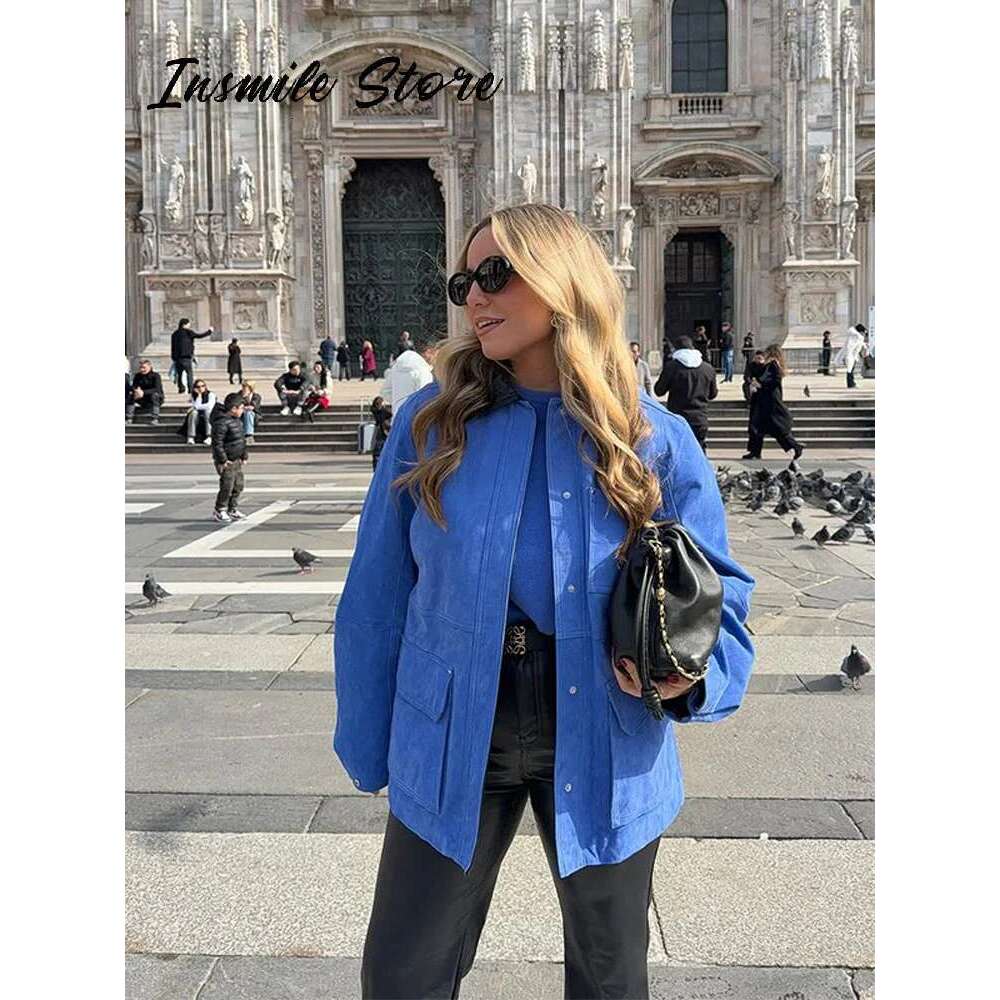 Casual Patchwork Women Jacket Turn Down Collar Long Sleeve Pockets Loose Female Jackets 2025 Spring New Fashion Lady Streetwear