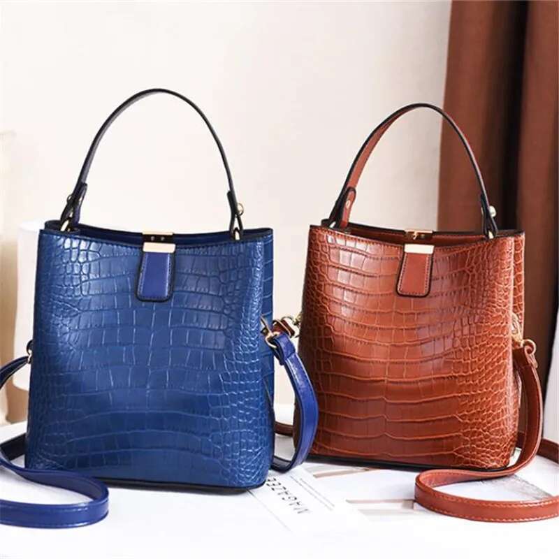 Vintage Stone Leather Handbag Shoulder Crossbody Bags Fashion Female Bucket Large Capacity Women Tote Bag