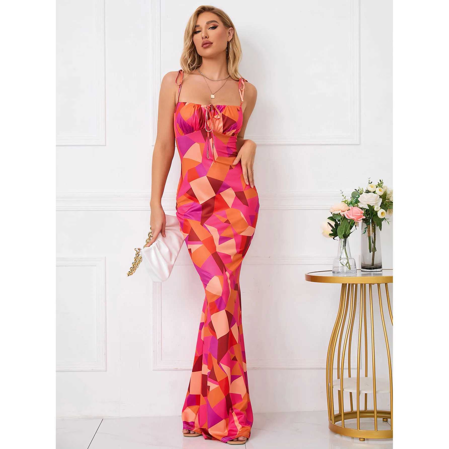 Womens All Over Print Tie Shoulder Mermai Blancosd Hem Cami Maxi Dress Boho Sleeveless Spaghetti Strap Tie On Bodycon DressesXJ250514
