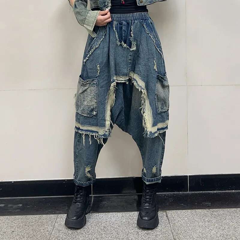 Getspring Women Jeans 2025 Spring Autumn Elastic Waisted Pocket Harem Pants Fashion Loose Casual Long Denim Trousers