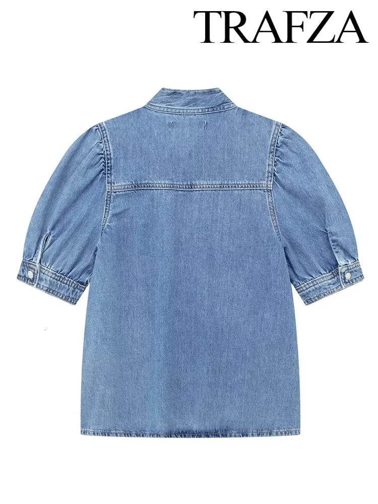 TRAF Womens Summer Street Vintage Denim Suit Bow Tie Half Sleeve Shirt Two Piece High Waisted Halter Skirt 250514