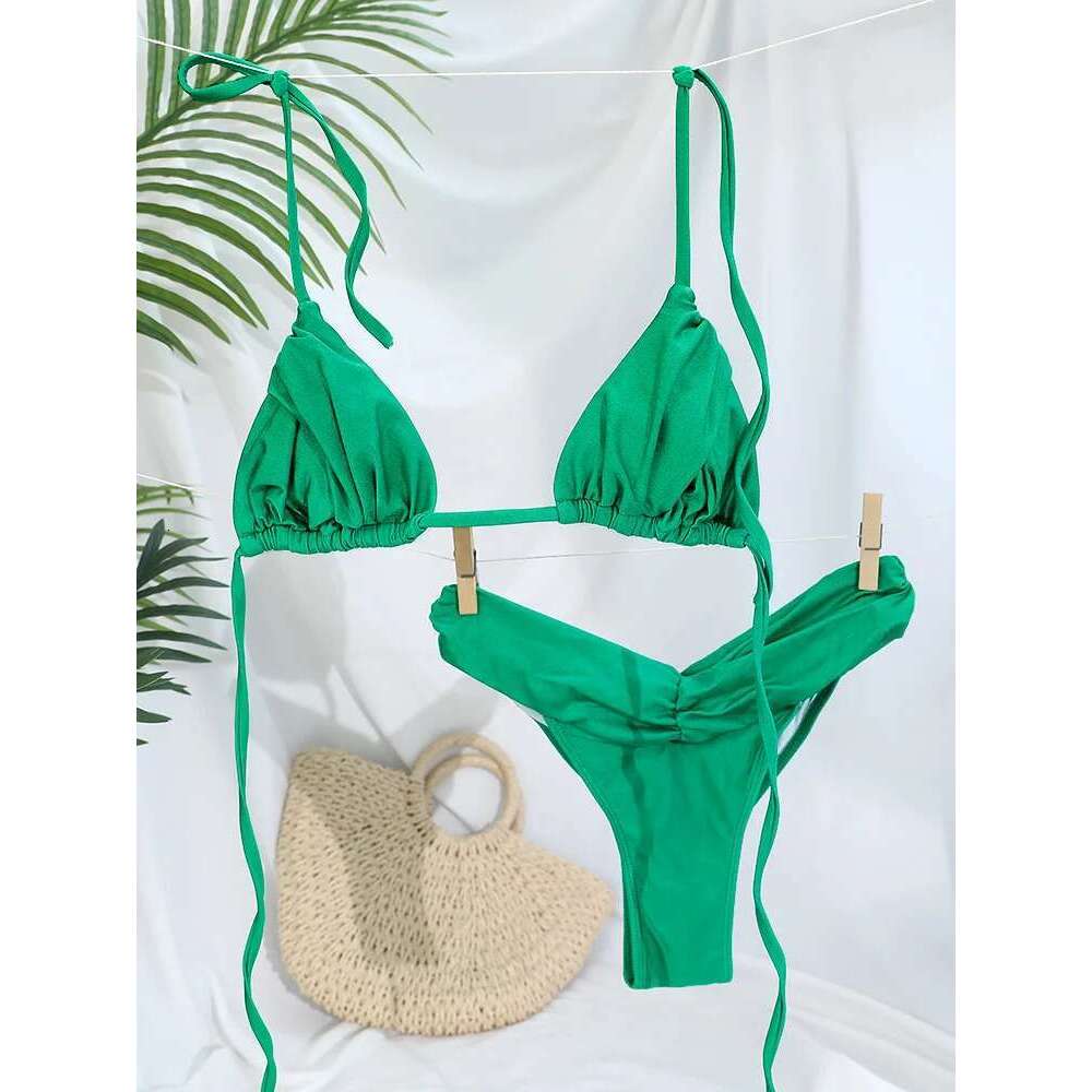 Triangle Bikinis Sexy Swimsuit Women Bandage Swimwear Bikini Set Solid Color Beachwear Two Piece Suit Female Swimsuits