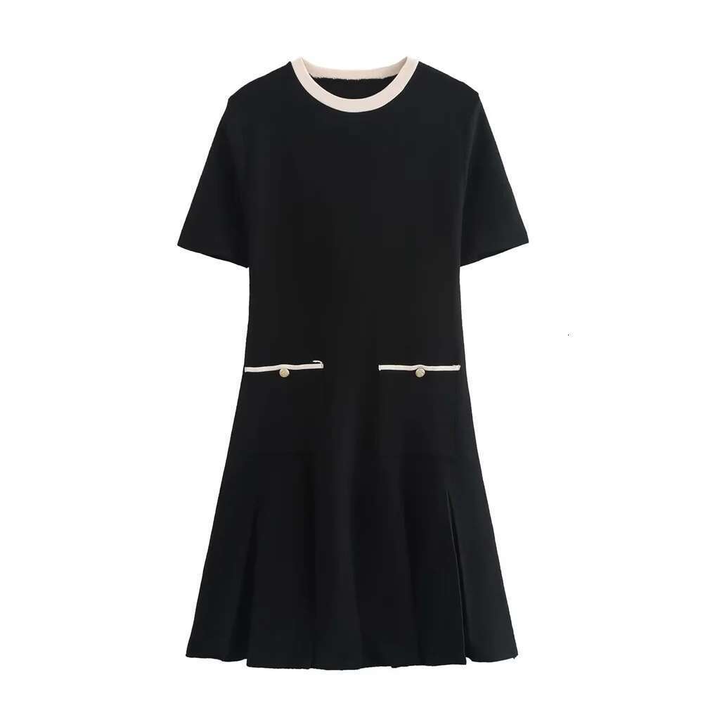 BMURHMZA Autumn New Product Women's with Small Fragrant Style Round Neck Wide Fold Knitted Short Sleeve Dress
