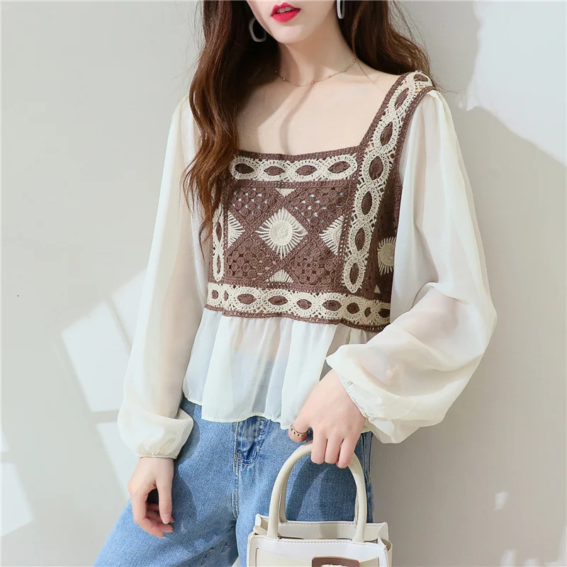 Women Blouse Crochet Knit Square Neck Chiffon Sleeve Geo y Crop Tops Summer Teengirls Fairycore Cottagecore Outfit 250514