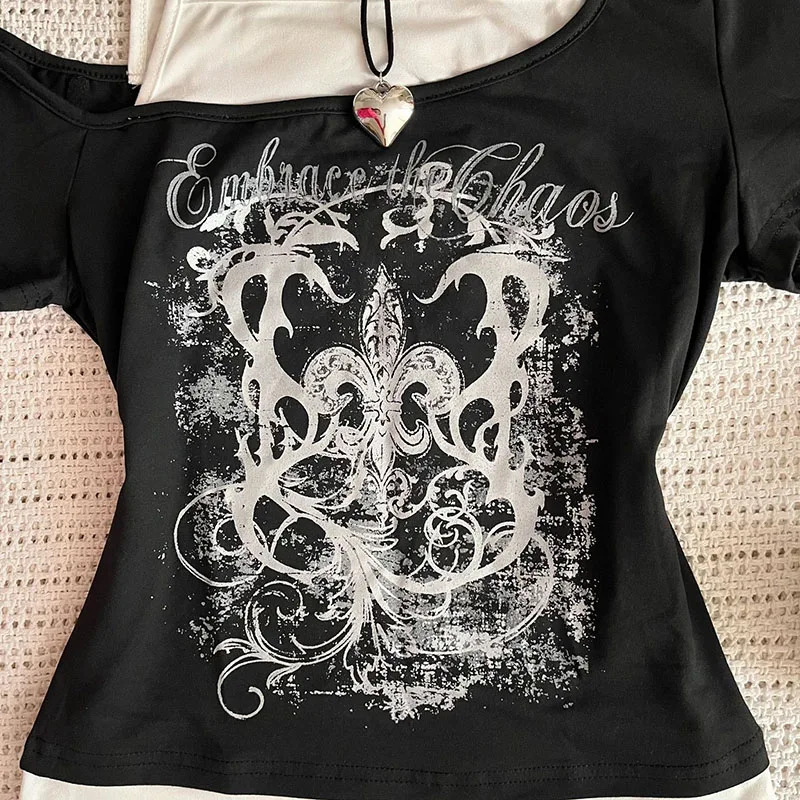 Womens 90s Vintage Punk TShirt Summer Streetwear Sexy Short Sleeve Gothic Slim Crop Top girl Casual Femme Tee Harajuku Y2k 250514