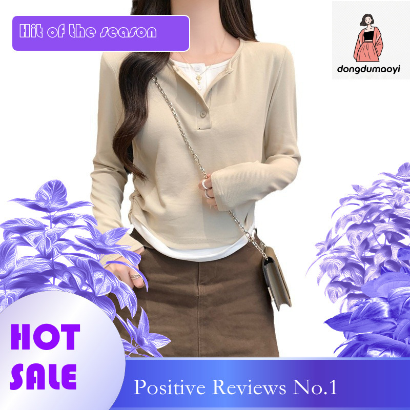 dongdumaoyi fake two piece long sleeved women's 2025 spring new short style slim fit base shirt Korean version versatile top T-shirt