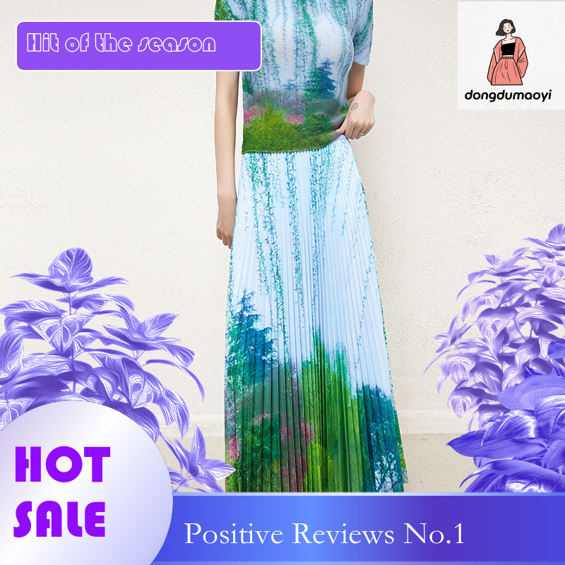 dongdumaoyi Wrinkle Fashion Top Short Sleeve Chiffon Landscape Printed Design Age Reducing T-shirt Half Skirt Two Piece Set for Women