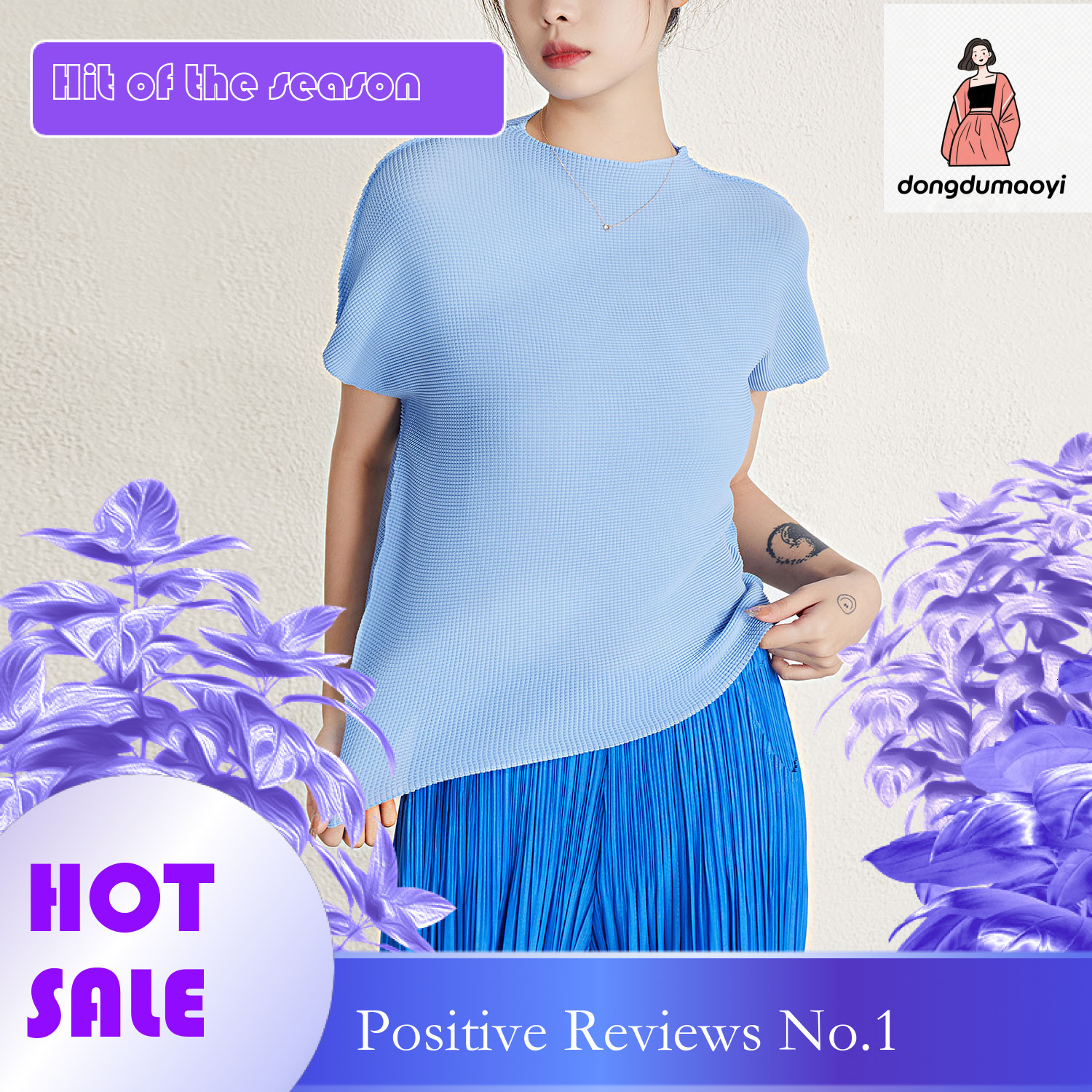 dongdumaoyi Miyake chic and beautiful top 2023 summer design sense niche round neck slimming pleated t-shirt for women