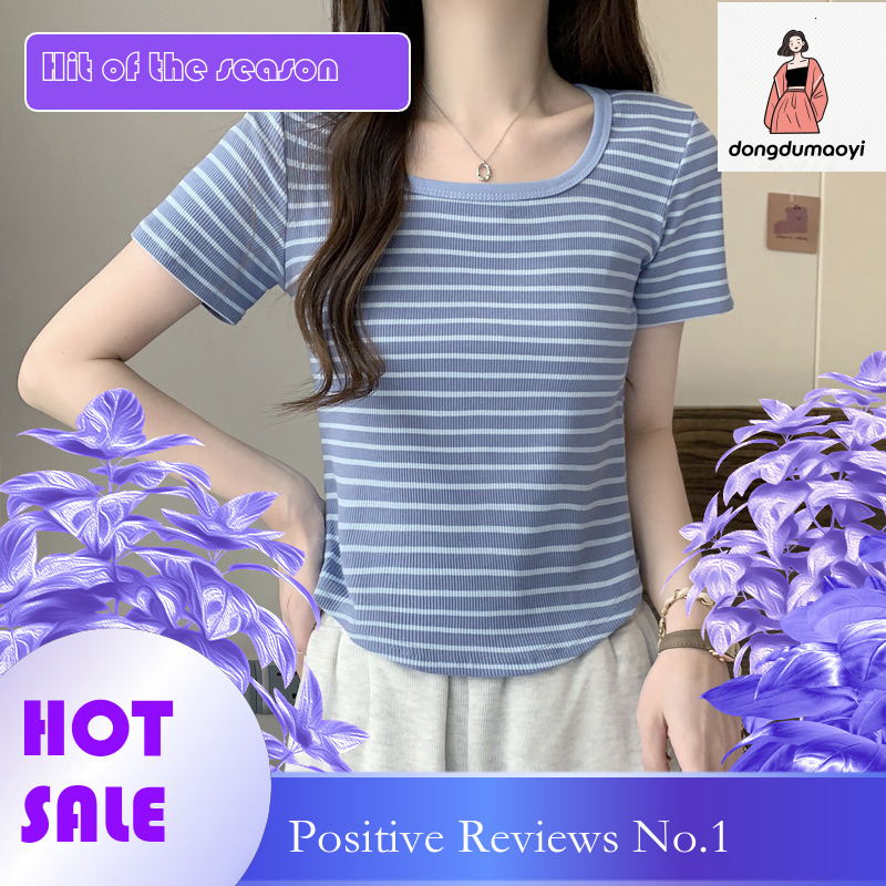 dongdumaoyi Stripe design, salt based U-neck contrasting color, new slim sleeved T-shirt for women, loose fit and slimming, ins short top