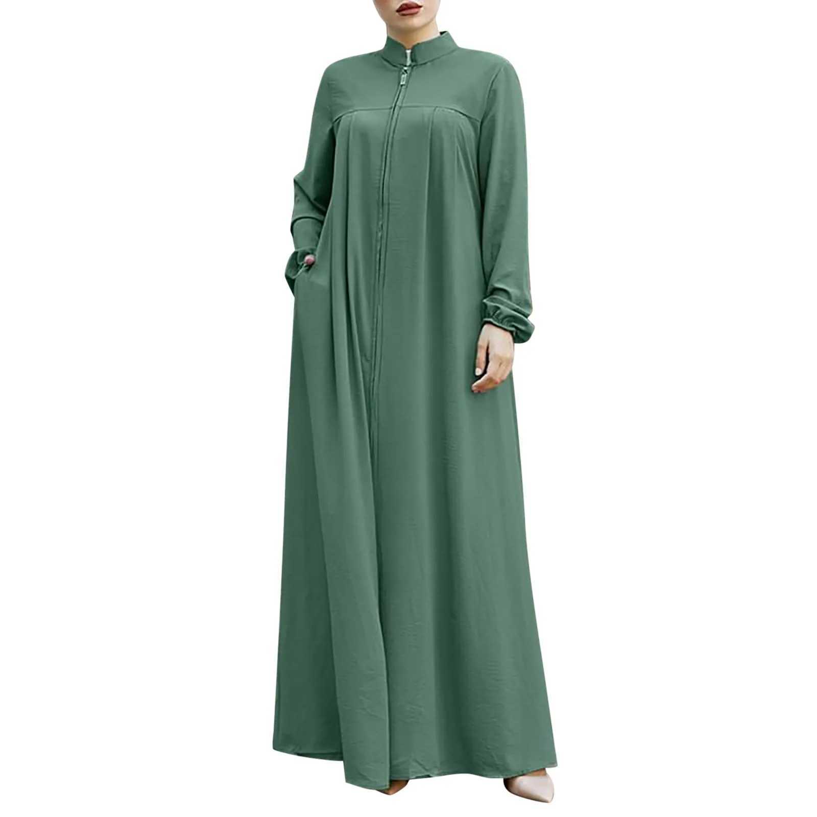 Oversized Women Ramadan Abayas Front Zipper Up Musulman Dress With Pockets Stand Collar Solid Islamic Clothing Loose Jilbab X250514