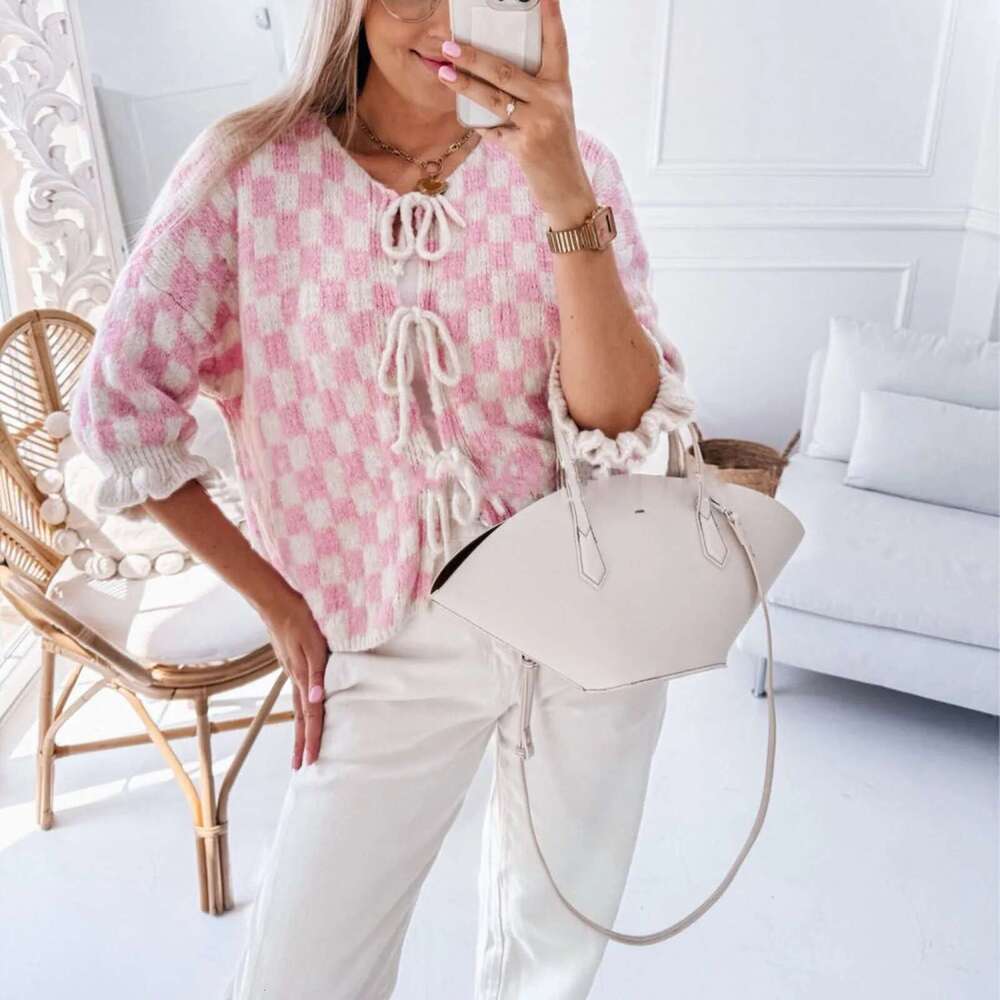 Combhasaki Women's Y2K Checkerboard Print Front Bow Tied Crop Cardigan Crew Neck 3/4 Flare Ruffle Sleeve Knit Sweater Streetwear