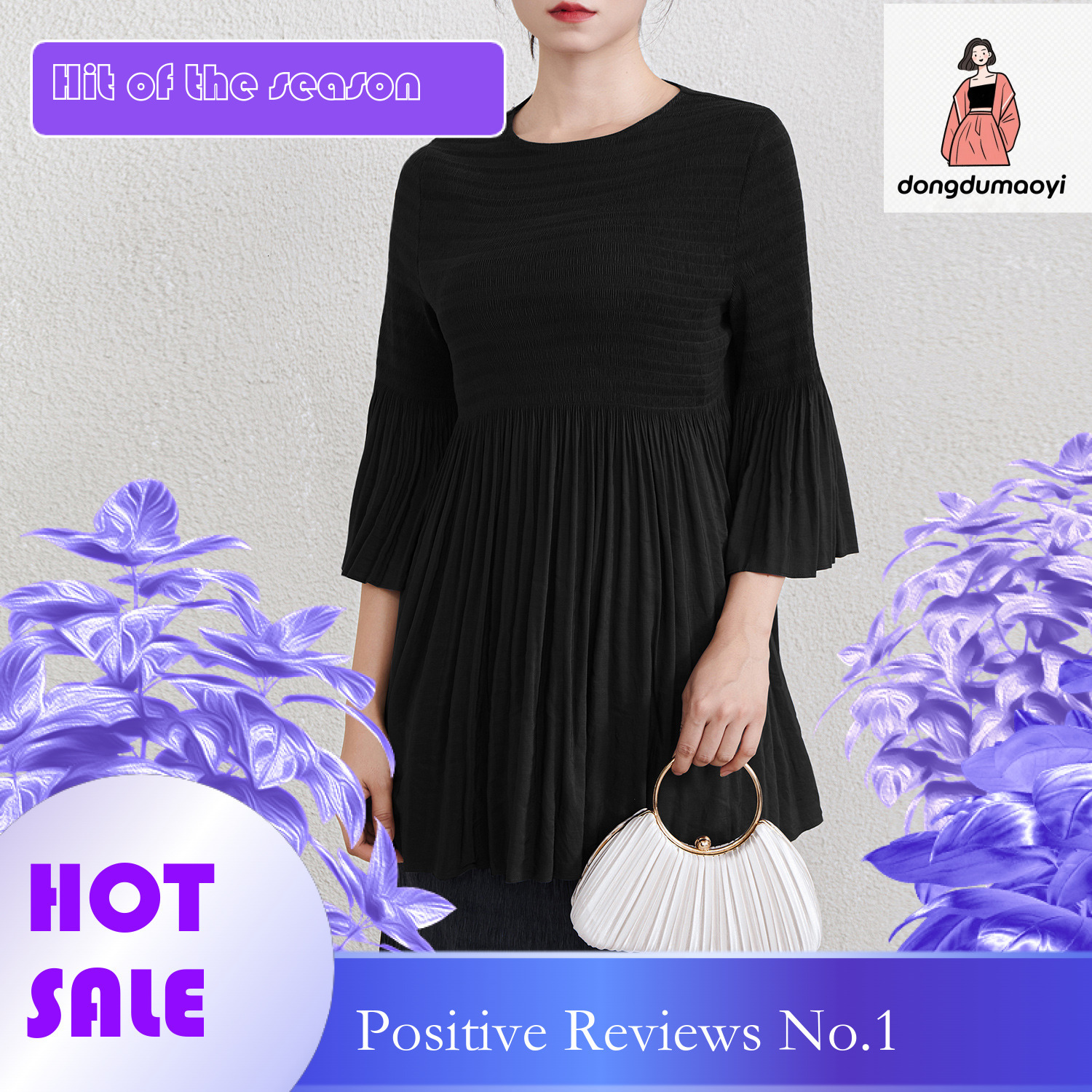 dongdumaoyi Miyake trumpet sleeve round neck pleated T-shirt 2025 spring new large loose medium long style slimming top for women