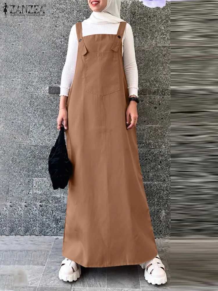 ZANZEA Casual Solid Maxi Dresses Autumn 2024 Muslim Fashion Turkey Women Overalls Dress Islamic Hijab Suspender Abaya Robes X250514
