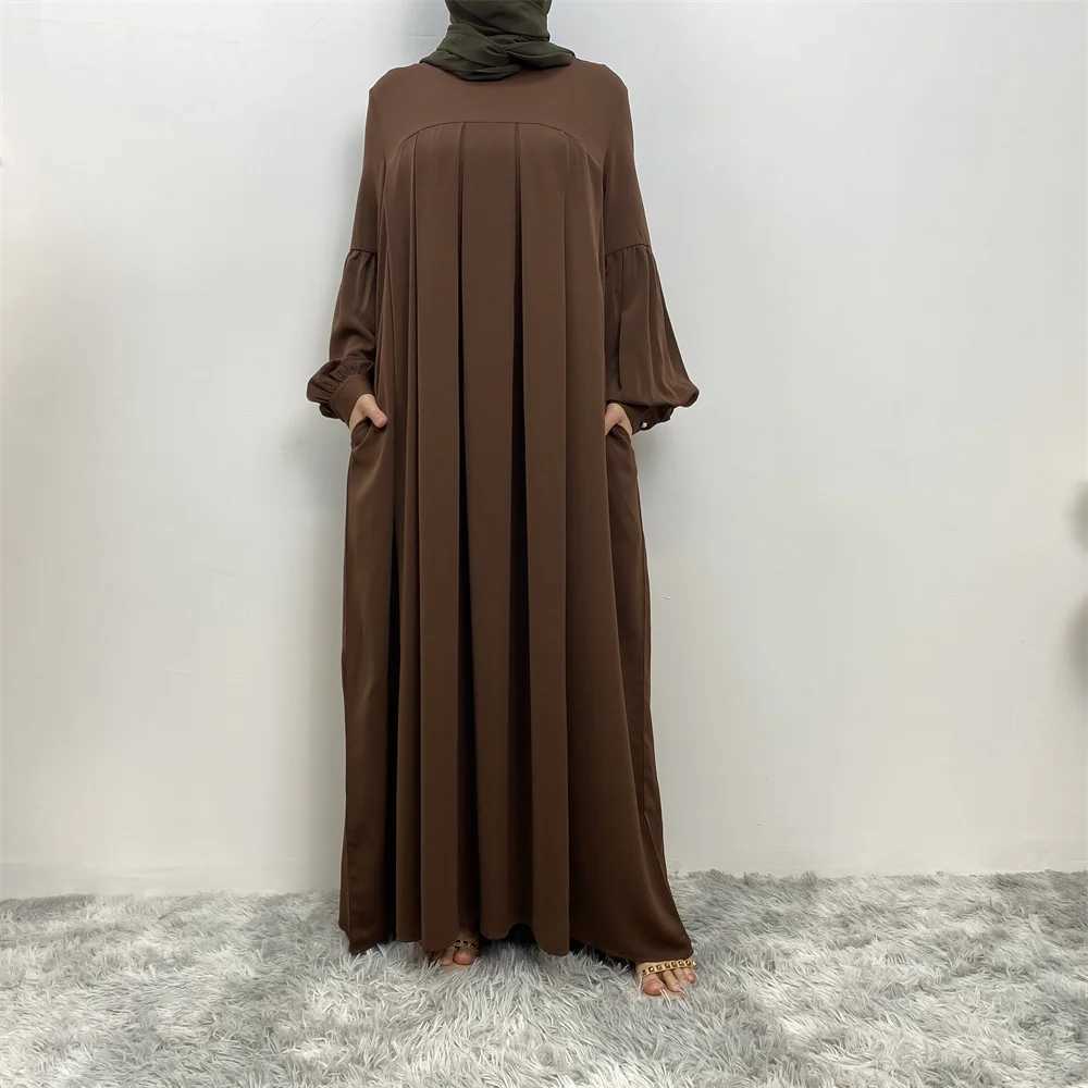 Muslim women elegant fashion dress Arab Turkey round neck gown dress pure color Islamic long dress with pockets X250514