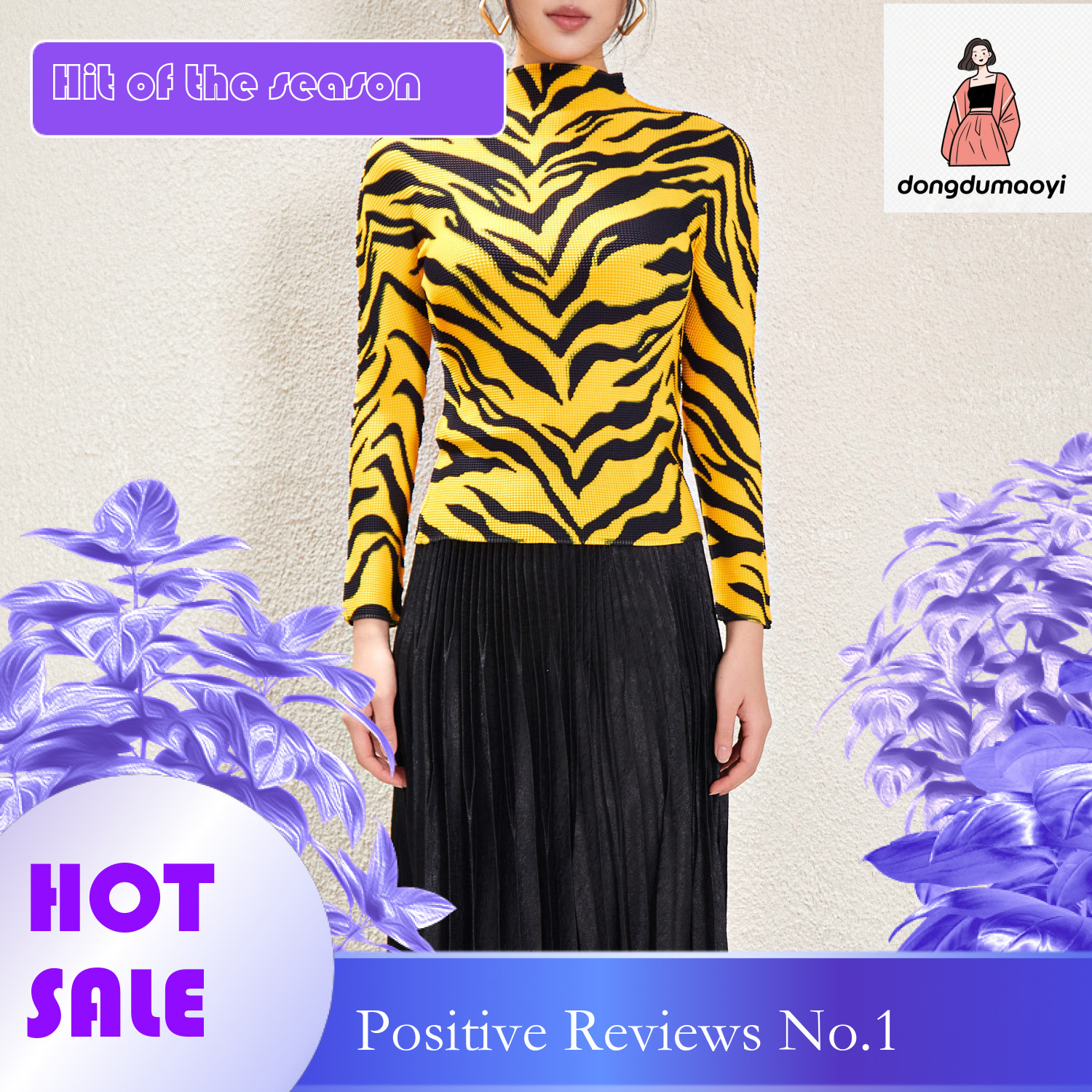 dongdumaoyi Miyake style semi high neck base shirt for women 2024 spring new T-shirt slim fit with fashionable pleated zebra print top