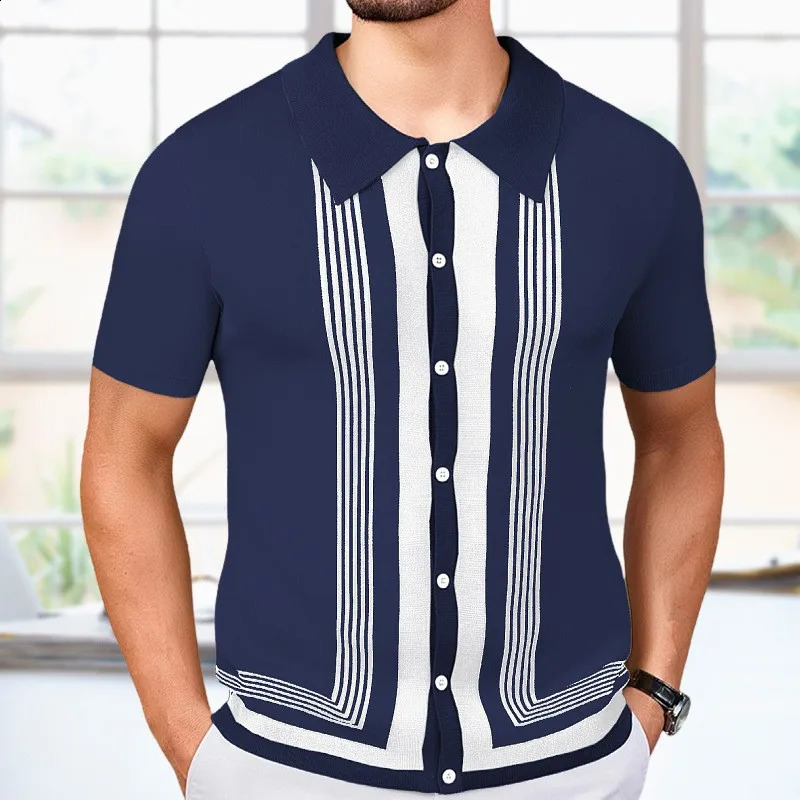 Mens Summer Knit Patchwork Short Sleeve Polo Shirts Streetwear Buttoned Breathable Striped Fashion Business Retro Shirts 250513