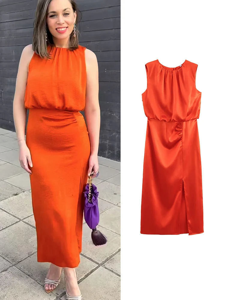 TRAF Women Elegant Solid Pleated Dress Summer Fashion Oneck Sleeveless Slim Party Simple Causal Ladies 250514