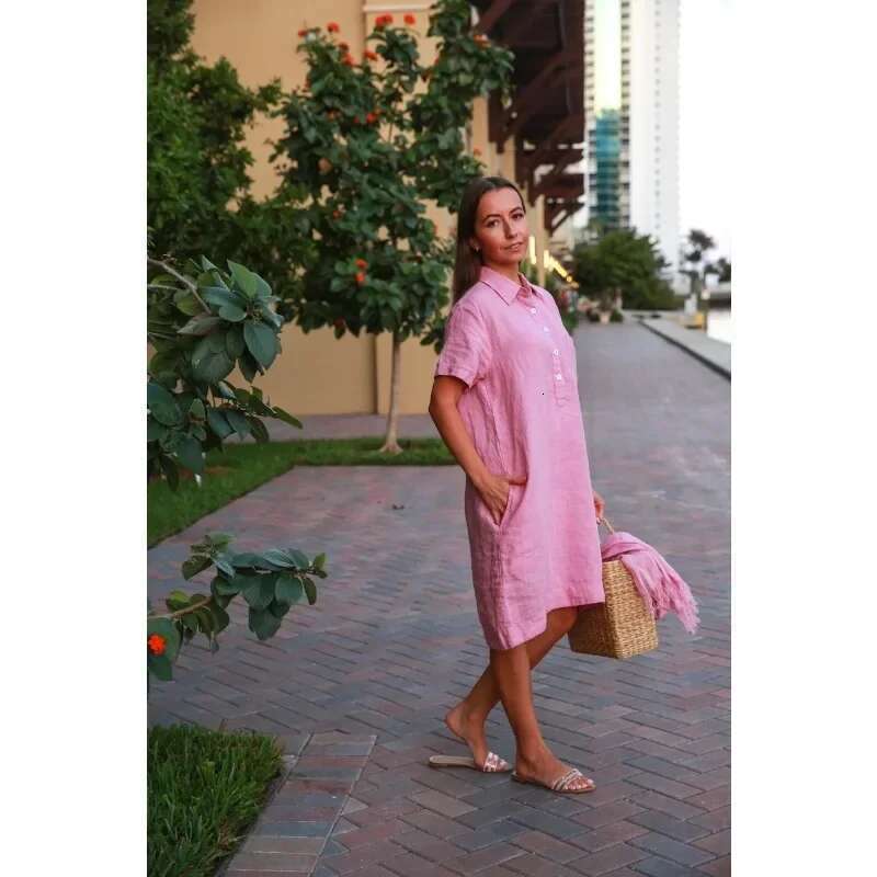Summer You Are A Women's Oversized Loose Cotton with Button Up Collar Shirt Pocket Solid Color Casual Dress plus size