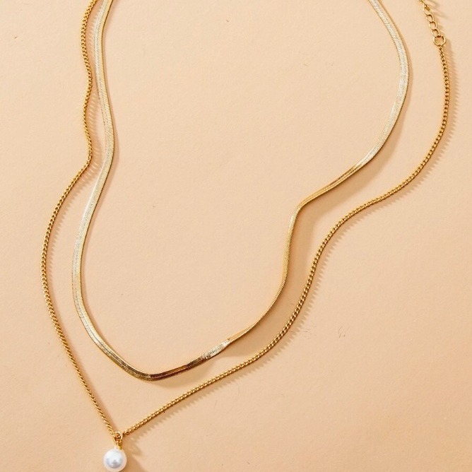 Personalized flat snake chain double pendant necklace, light layered pearl necklace for women