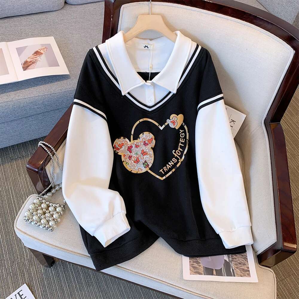 Plus-size women's Fall/Winter casual commute loose comfortable cotton hoodie black cartoon print lapel long-sleeved top large
