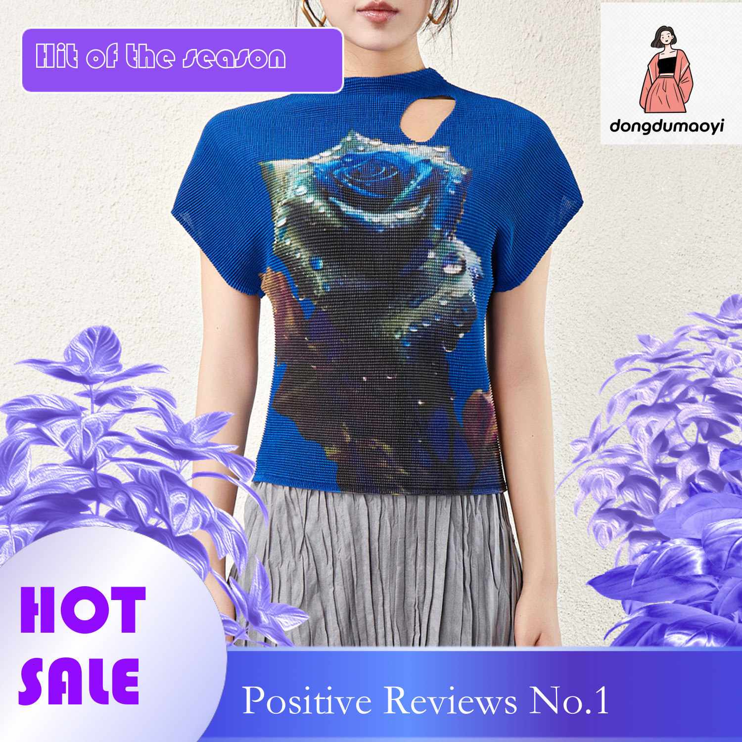dongdumaoyi Miyake style top 2024 new half neck short sleeved fashionable printed hollow out clothes women's rose T-shirt