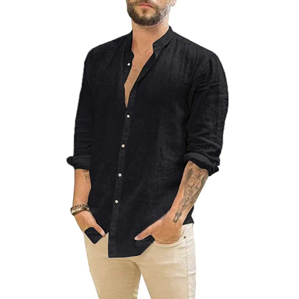 Cotton Linen Mens LongSleeved Shirts Summer Solid Color StandUp Collar Casual Beach Style Plus Size 250514