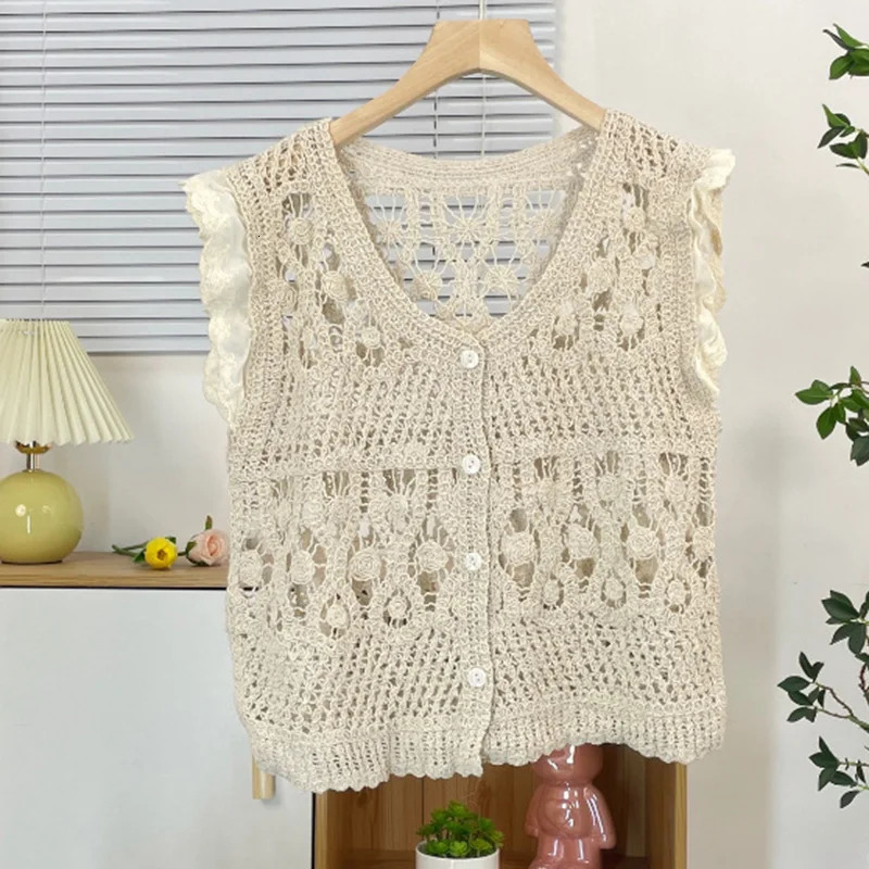Crochet Top Button Front Blouse Butterfly Sleeve Sheer Openknit Crop Vest Tops Women Teengirl Summer Boho Vacation Outfit 250514