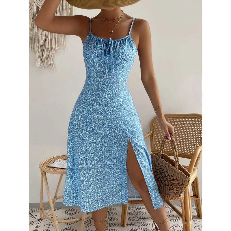 Womens Print Spaghetti Strap Dresses Fashion Leace-up Bodycon Slit Dress Fresh Floral A-line Midi Vestidos Female Summer NewXJ250514