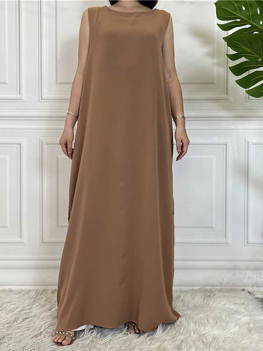 Muslim Middle East fashion womens slveless dress Dubai Arab pure color simple wind long dress Islamic casual womens clothing X250514