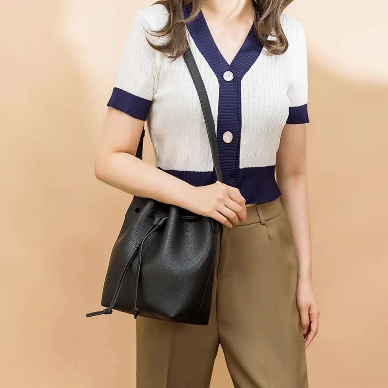 Women Classic Bucket Genuine Leather Shoulder Messenger Crossbody Bag Ladies String Handbag