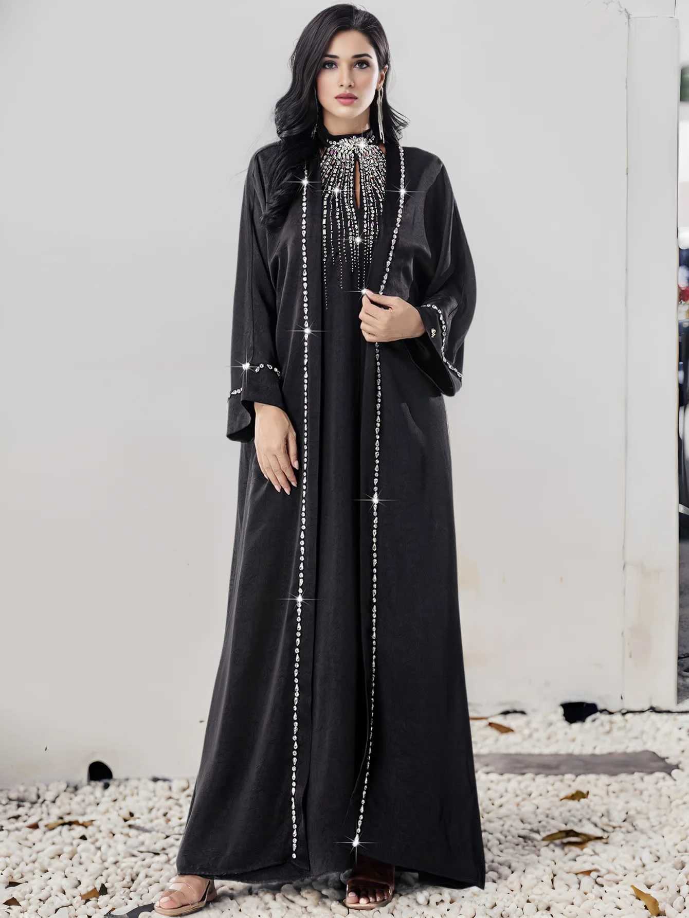 2Pcs Luxury Dubai Abaya Muslim Sets for Women Diamonds Evening Party Dress Kimono Jalabiya Wedding Gown Ka Ramadan Caftan X250514