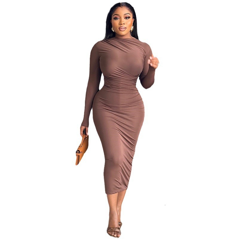Fengins Womens Solid Color Round Neck Long Sleeve Pullover Street Step Dress