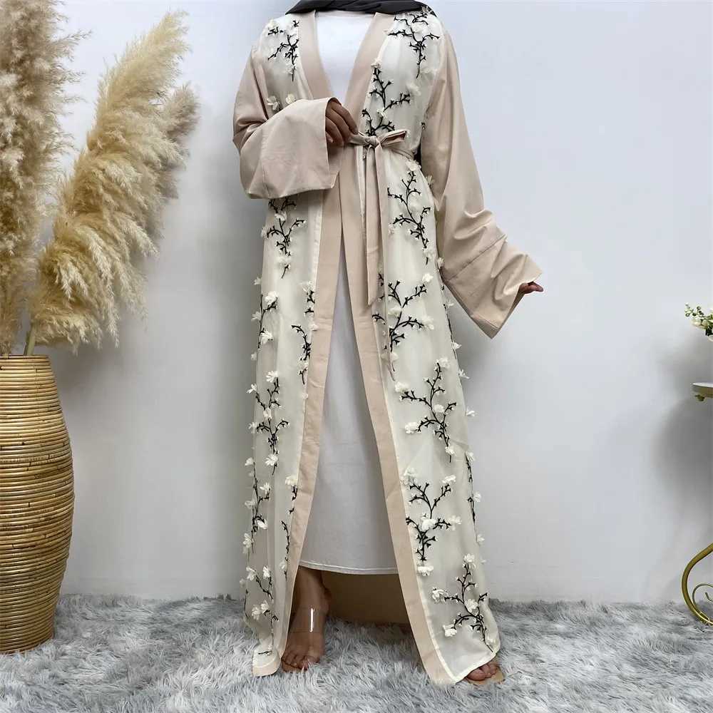 Flower Open Abaya Dubai Turkey Kaftan Women Muslim Embroidery Maxi Dress Eid Fashion Jalabiya Islamic Robe Ramadan Caftan Kimono X250514