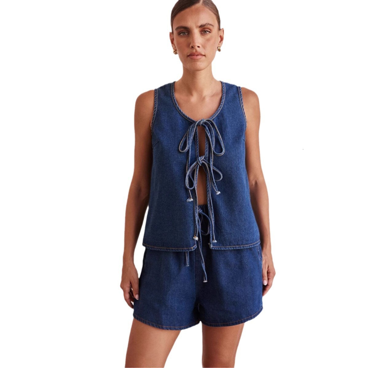 Summer fashion casual sleeveless lace up high waisted womens vest denim suit shorts