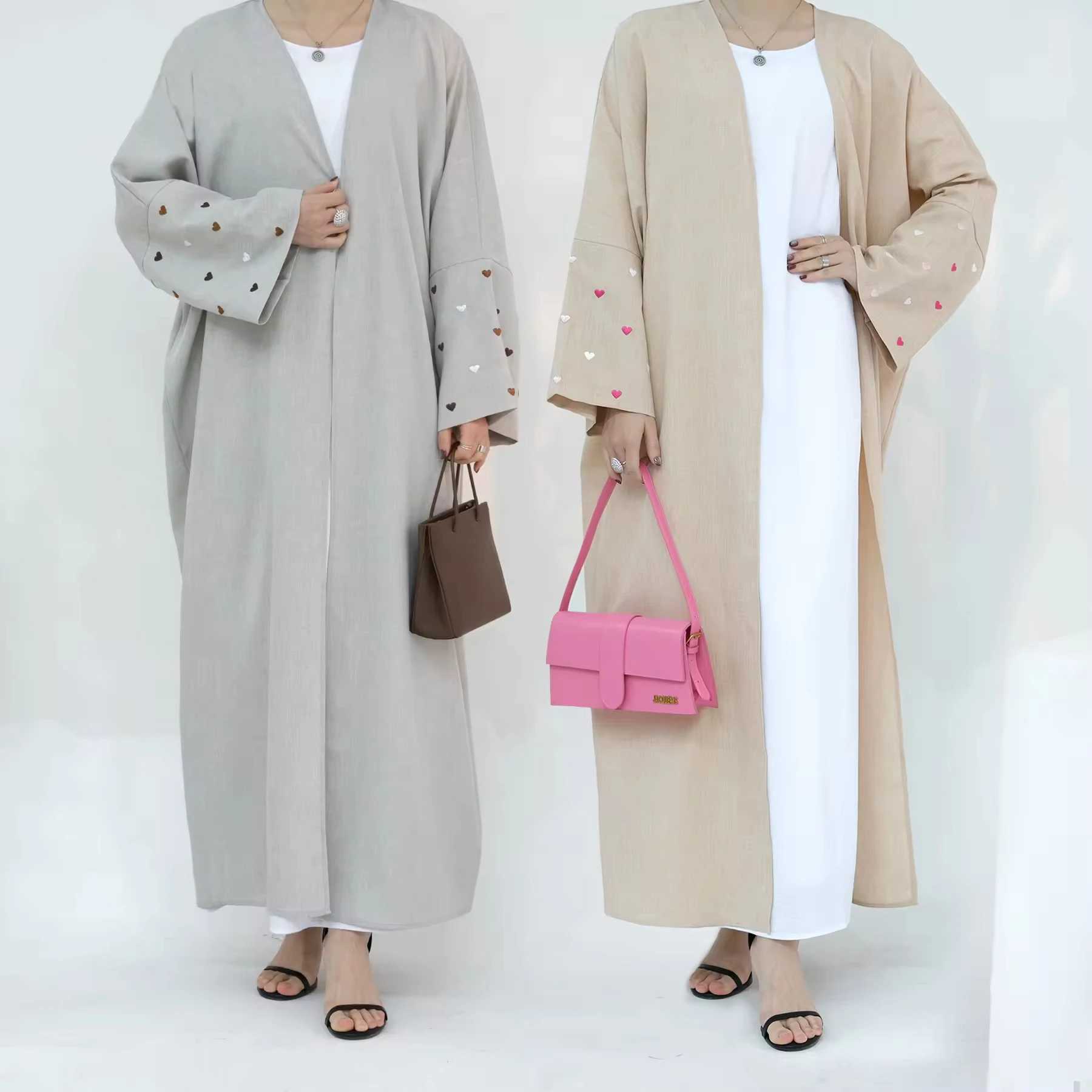 2024 EID Heart Pattern Embroidery Linen Open Abaya Dubai New Fashion Batwing Slve Kimono Islamic Clothing Women Muslim Dress X250514