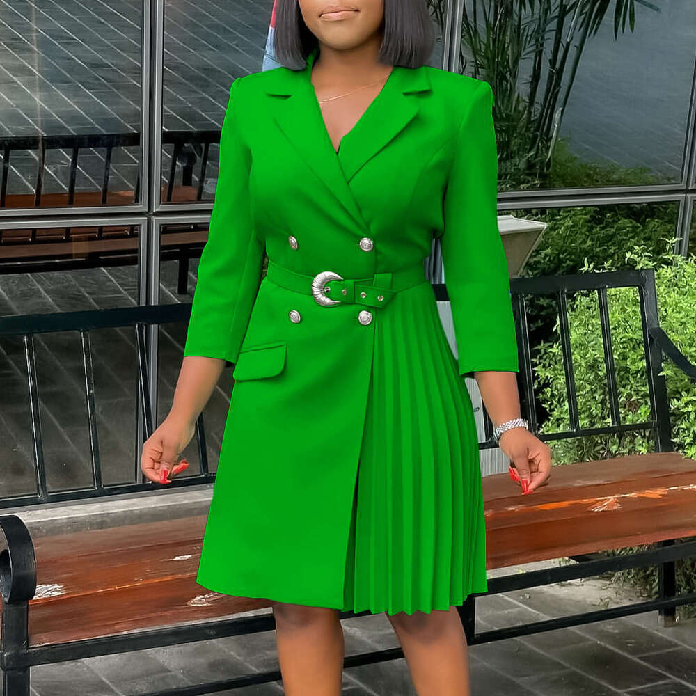 Women's Wear New High Waisted Fashionable Cinching Waist Pleating Splicing Mid Length Suit Dress