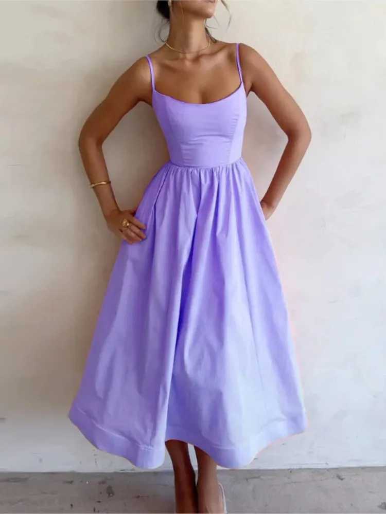 Sexy Solid Spaghetti Strap A-line Maxi Dresses Women Low Cut Sleeveless Big Skirt Dress Summer New Fashion Elegant Party DressXJ250514