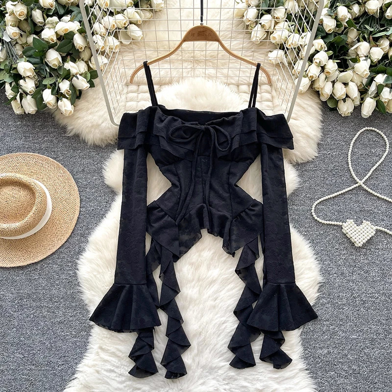 HELIAR Women Off Shoulder Sexy Blouse Female Long Flare Sleeves Ruffles Beach Shirt Summer Irregular Floral sweet Tops 250514