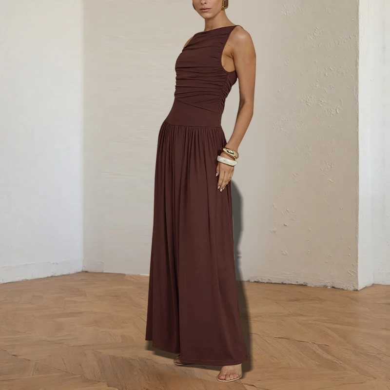 Spring and summer new pleated sleeveless solid color slim waist long dress with patchwork sexy dressXJ250514
