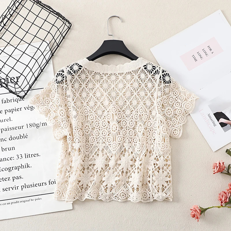 Boho Crochet Knit Top Short Sleeve Buttonup Sheer Openwork Blouse Women Teengirl Summer Fairycore Vacation Outfit 250514